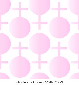 Seamless pattern with Female gender sign. Women feminine pink geometric symbols on white background. Venisino mirror. Design for 8 March, Happy International women's day. Vector illustration.