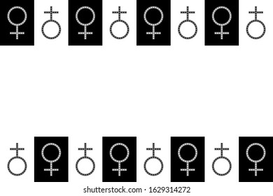 Seamless pattern with Female gender sign. Women black and white ornate symbol on squared background. Doodle style. Vector illustration for 8 March, Happy International women's day. Copy space.