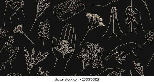 Patrón sin foco con manos y flores femeninas. Ilustración vectorial. Dibujos de mano lineales. Colección de ilustraciones para el diseño de envases para productos de cuidado manual.