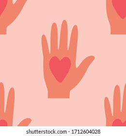 Nahtlose Muster weibliche Hände und Herz. Vektorillustration Illustration einer Silhouette einer Hand mit rosafarbenem Herzen auf hellem Hintergrund.