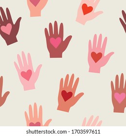 Seamless pattern of female hands and hearts. Vector illustration of colored hands.