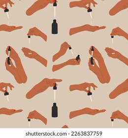 Seamless Pattern with Female hands holds pipette for skincare with oil serum bottle, cream. Hand draw vector illustration	