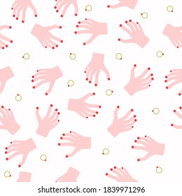 Seamless pattern with female hands and palms together with golden rings.