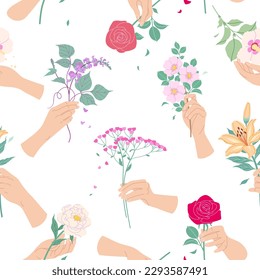 Patrón sin foco con manos hembras y flores tiernas.  Elegante composición floral con las manos femeninas tocando y sosteniendo flores florecientes. Ilustración vectorial simple.