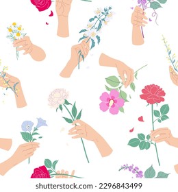 Seamless pattern with female hands and tender flowers.  Elegant floral composition with woman hands touching and holding blooming flowers. Simple vector illustration.