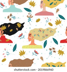 Seamless pattern of female heads in different seasons of the year like summer, winter, spring and autumn. With elements like flowers, snow, autumn and spring leaves. Vector illustration