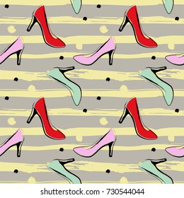 Seamless pattern with female high heel shoes on striped and dotted background