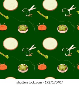 Seamless pattern. Female hobby concept. Needlework. Elements for creativity. Women. Hobby. Skeins of thread, pins, a sketch pad and a flower in a pot. Vector in flat style. Suitable for textiles.
