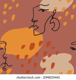 Seamless pattern with female line art faces and abstract organic shapes. Vector background