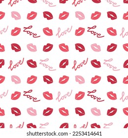 Patrón sin inconvenientes con huellas de labios femeninos y texto de amor para el Día de San Valentín. Impresión de lápiz labial para el Día de los Besos. Imagen vectorial en un diseño plano.