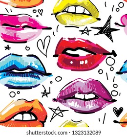 
Seamless pattern with female lips. Makeup, cosmetics. Lovely smiles. Multicolored lips, female pattern. Drawing markers, pop art.