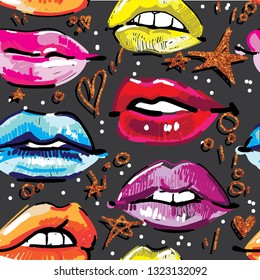 
Seamless pattern with female lips. Makeup, cosmetics. Lovely smiles. Multicolored lips, female pattern. Drawing markers, pop art.