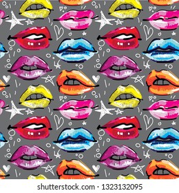 
Seamless pattern with female lips. Makeup, cosmetics. Lovely smiles. Multicolored lips, female pattern. Drawing markers, pop art.
