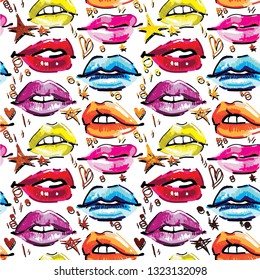 
Seamless pattern with female lips. Makeup, cosmetics. Lovely smiles. Multicolored lips, female pattern. Drawing markers, pop art.