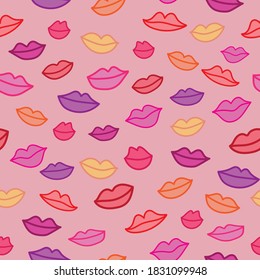 Nahtloses Muster mit weiblichen Lippen auf rosafarbenem Hintergrund. Muster für Druck, Textilien, Schachtel, Bildschirmhintergrund, Cover-Design