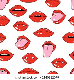 Patrón sin foco con labios hembra sobre fondo blanco. Boca con sonrisa, dientes de vampiro, lengua y beso. Doodle dibujado a mano. Ilustración de estilo vectorial de arte pop cómico.