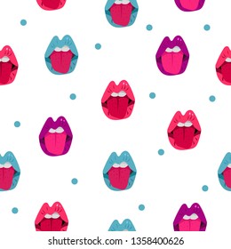 seamless pattern with female lips and poked out and dots on white background. it can be used as packaging paper, textile and tableware design, clothes, background, postcards, etc.
