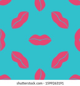 Seamless pattern with female lips. Print for paper wrapping, textile, fabric, cosmetic background. Vector illustration on blue background