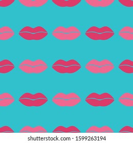 Seamless pattern with female lips. Print for paper wrapping, textile, fabric, cosmetic background. Vector illustration on blue background