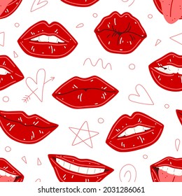 Seamless pattern with female lips. Lips with red lipstick