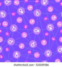 Seamless pattern with female and male characters on a purple background