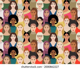 Seamless Pattern Of Female Multinational Diverse Faces. International Womens Day Pattern. Female Empowerment And Go Girl Poster. Hand Drawn Vector Illustration Of Faces Of Women.