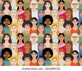 Seamless pattern of female multinational diverse faces. International Womens Day pattern. Female empowerment and go girl poster. Hand drawn vector illustration of faces of women.