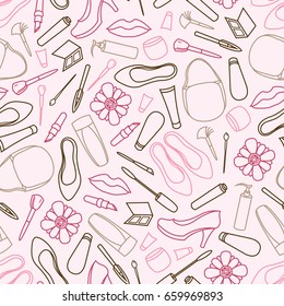 Seamless pattern with female objects. Cosmetics, shoes, bags, flowers. Mascara, eye pencil, lipstick, cream, tube, shadows, brushes. Vector illustration.