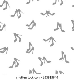 Seamless pattern. Female pairs of shoes with high heels. Elegant grey slippers with spike heel on while background. Vector illustration. Good for wrapping, print, wallpaper.