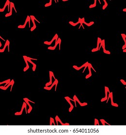Seamless pattern. Female pairs of shoes with high heels. Elegant red slippers with spike heel on black background. Vector illustration. Good for wrapping, print, wallpaper.