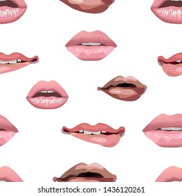 Seamless pattern of female pink attractive lips. Lips with slightly parted teeth, lips with an open mouth, biting the lower lip, lips with a straw in the mouth on a white background