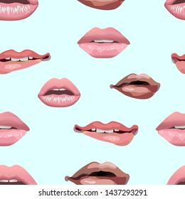 Seamless pattern of female pink attractive lips. Lips with slightly parted teeth, lips with an open mouth, biting the lower lip, lips with a straw in the mouth on a light blue background
