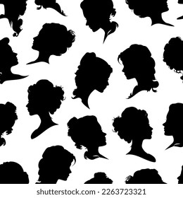  Nahtlose Muster von weiblichem Porträt, Profil, Silhouette. Kit. Vektorgrafik eps10. Einzeln auf weißem Hintergrund.
