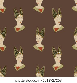Seamless pattern with female portraits of a beautiful medieval lady. On brown background.