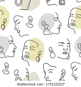 Seamless pattern with female portraits with earrings. Line drawing.