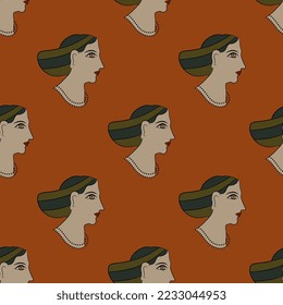 Seamless pattern with female portraits. On red background. Ancient Greek woman from Akrotiri.