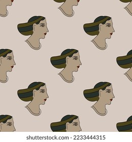 Seamless pattern with female portraits. On light background. Ancient Greek woman from Akrotiri.