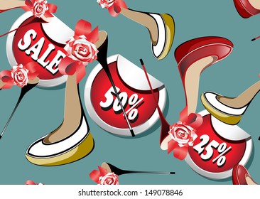 Seamless pattern with female shoes.Sale 50%,25%