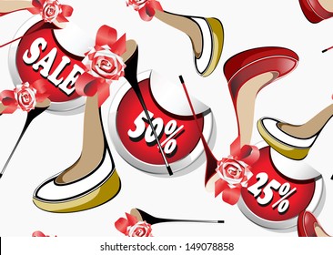 Seamless pattern with female shoes.Sale 50%,25%