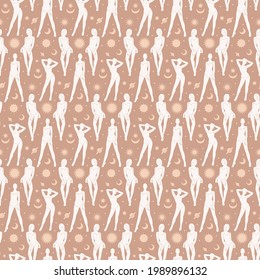 Seamless pattern of female silhouettes flying in starry space . Women posing between stars and sun in universe. Modern minimalist mystical astrology aesthetic vector illustration.