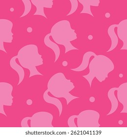 Seamless pattern with female silhouettes in pink tones. Elegant woman face design for cosmetics packaging, banners, postcards, or gift certificates.