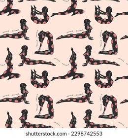 Patrón sin foco de siluetas femeninas en poses de yoga con lotos y exhalación inhalatoria como elementos de apoyo. Hecho en negro y rosa, esto es genial para diseños de alfombras de yoga, revistas, desgaste de entrenamiento, arte mural