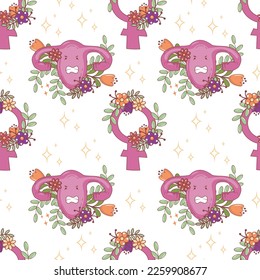 Seamless pattern with female symbol and evil uterus in doodle style. Feminist print for clothes, textiles, wrapping paper