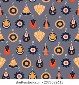 Seamless pattern with female vintage earrings. Background with boho style accessories. Vector illustration