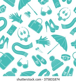 Seamless pattern with feminine accessories. Flat vector illustration.