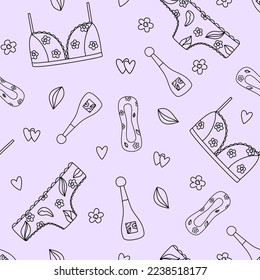 Seamless pattern of feminine accessories. Underwear, sanitary pads, perfume. Line drawing. Vector illustration 