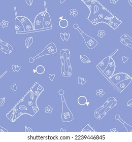 Seamless pattern of feminine accessories. Underwear, sanitary pads, perfume. Line drawing. Vector illustration 