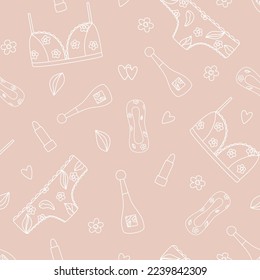 Seamless pattern of feminine accessories. Underwear, sanitary pads, perfume. Line drawing. Vector illustration 