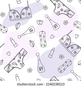 Seamless pattern of feminine accessories. Underwear, sanitary pads, perfume. Line drawing. Vector illustration 