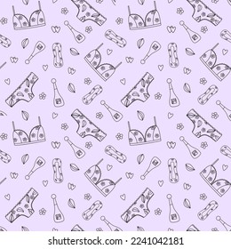 Seamless pattern of feminine accessories. Underwear, sanitary pads, perfume. Line drawing. Vector illustration 